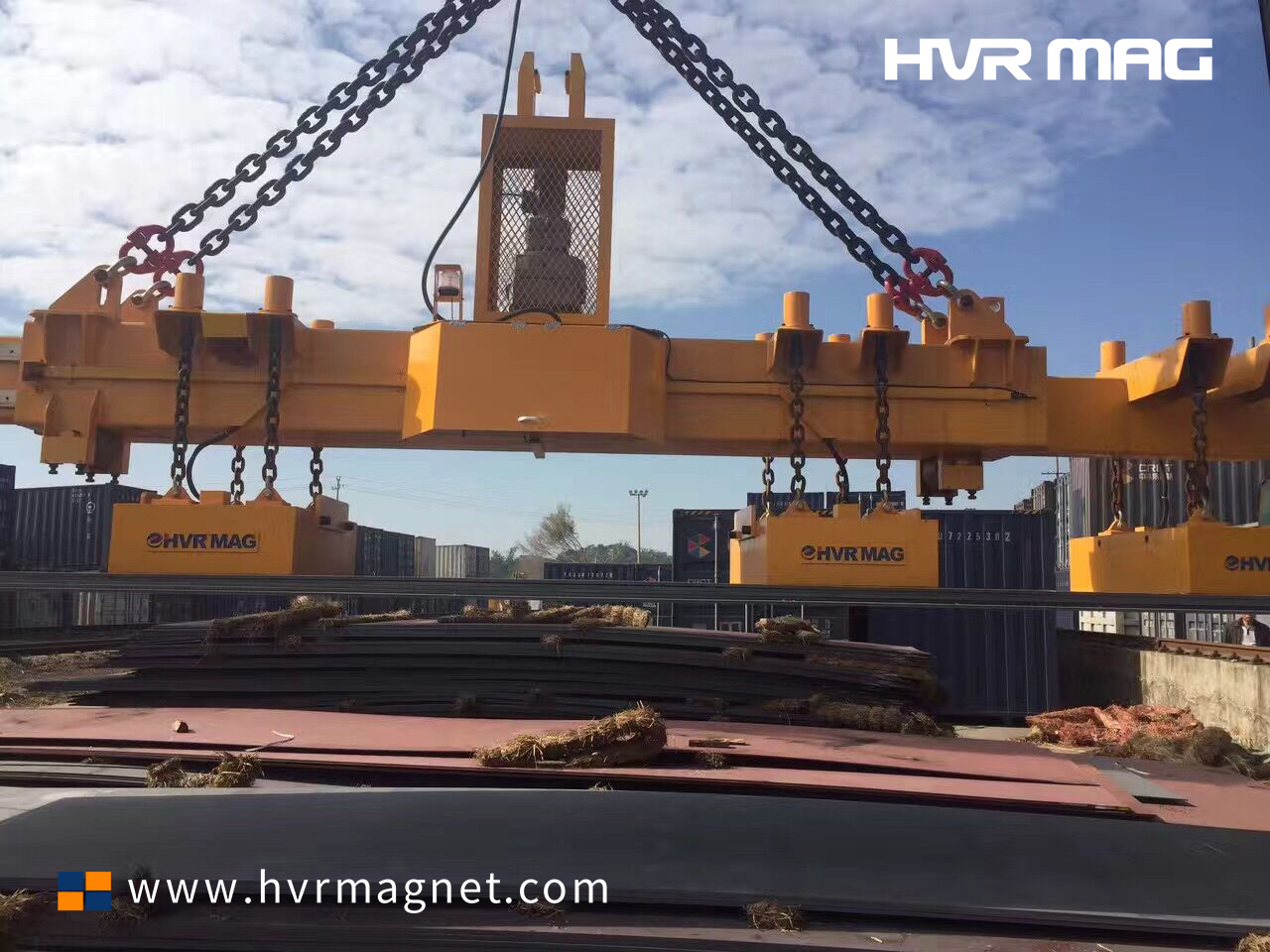 steel plate lifting magnets for multiple sheets in freight yard - HVR MAG