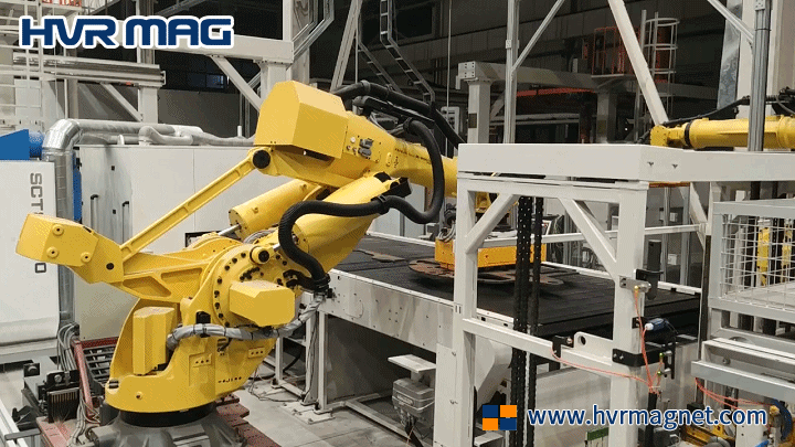 Robot magnetic gripper sorting metal cut part from conveyor belt