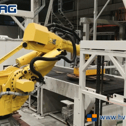 Robot magnetic gripper sorting metal cut part from conveyor belt