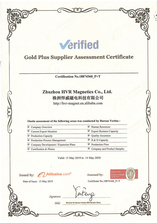 Gold Plus Supplier Assessment Certificate by Alibaba - HVR MAG